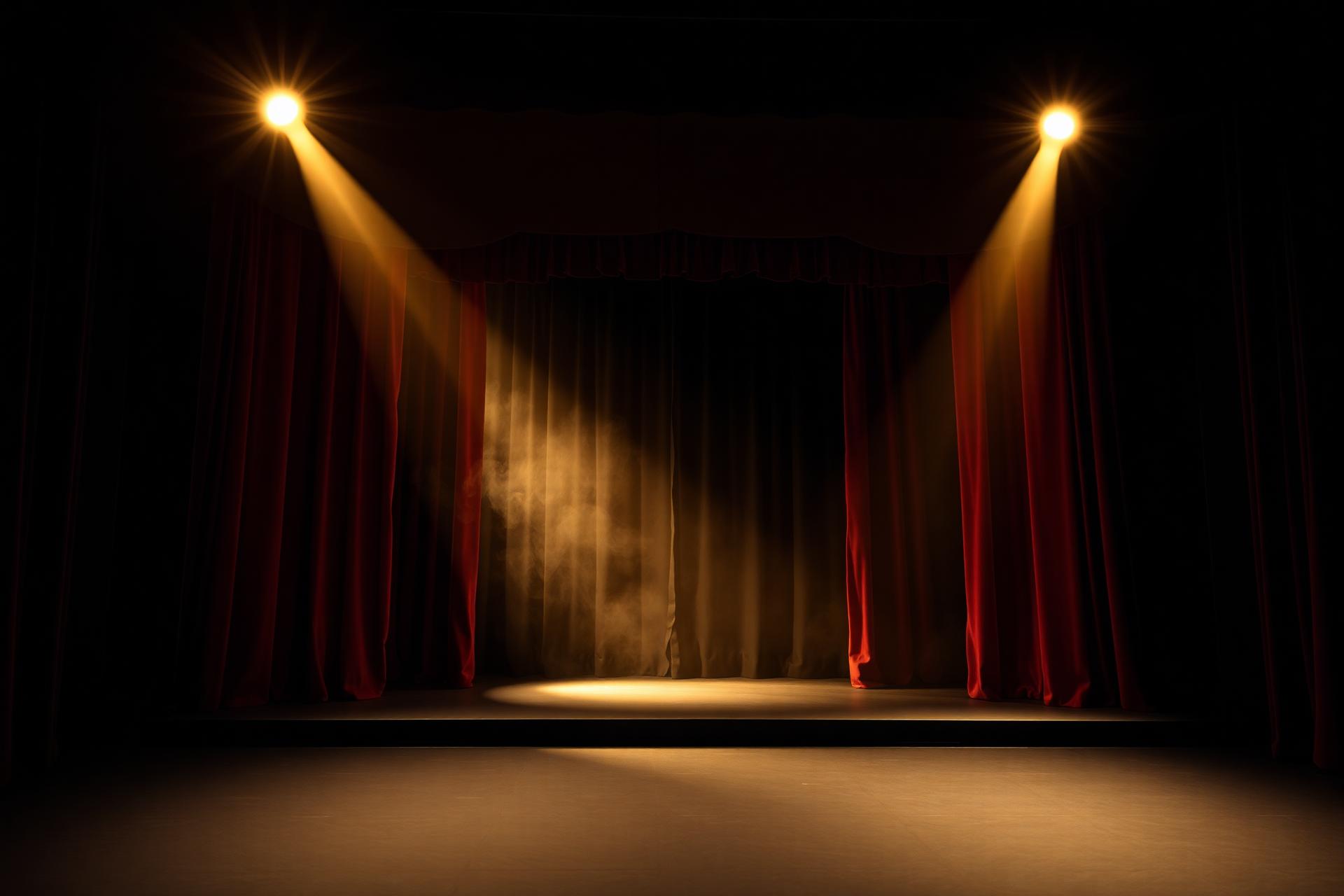 Empty theatre stage with spotlights and burgundy curtains